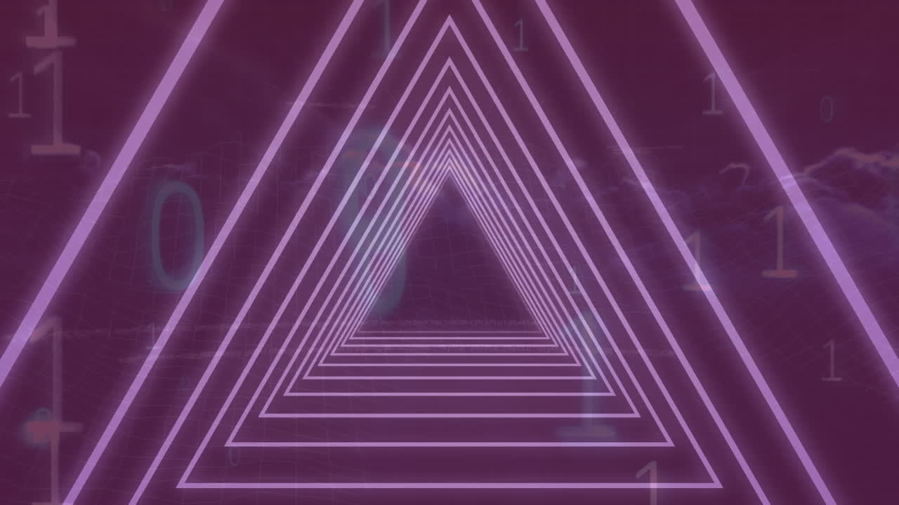 animación digital de un túnel hexagonal triangular de neón en un patrón sin costuras contra un fondo púrpura