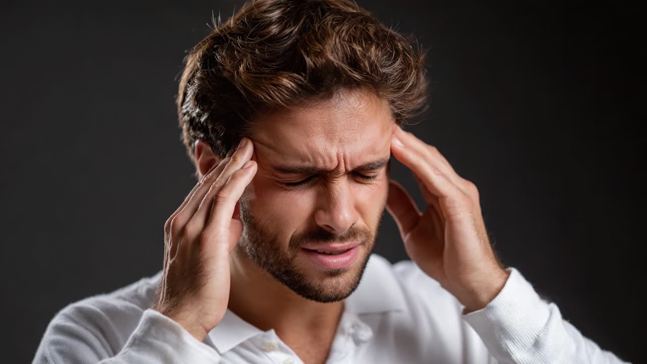 A Young Man Struggles with Intense Discomfort, Demonstrating the Physical Toll of Stress and Headaches, Showcasing the Complex Interaction Between Mind and Body
