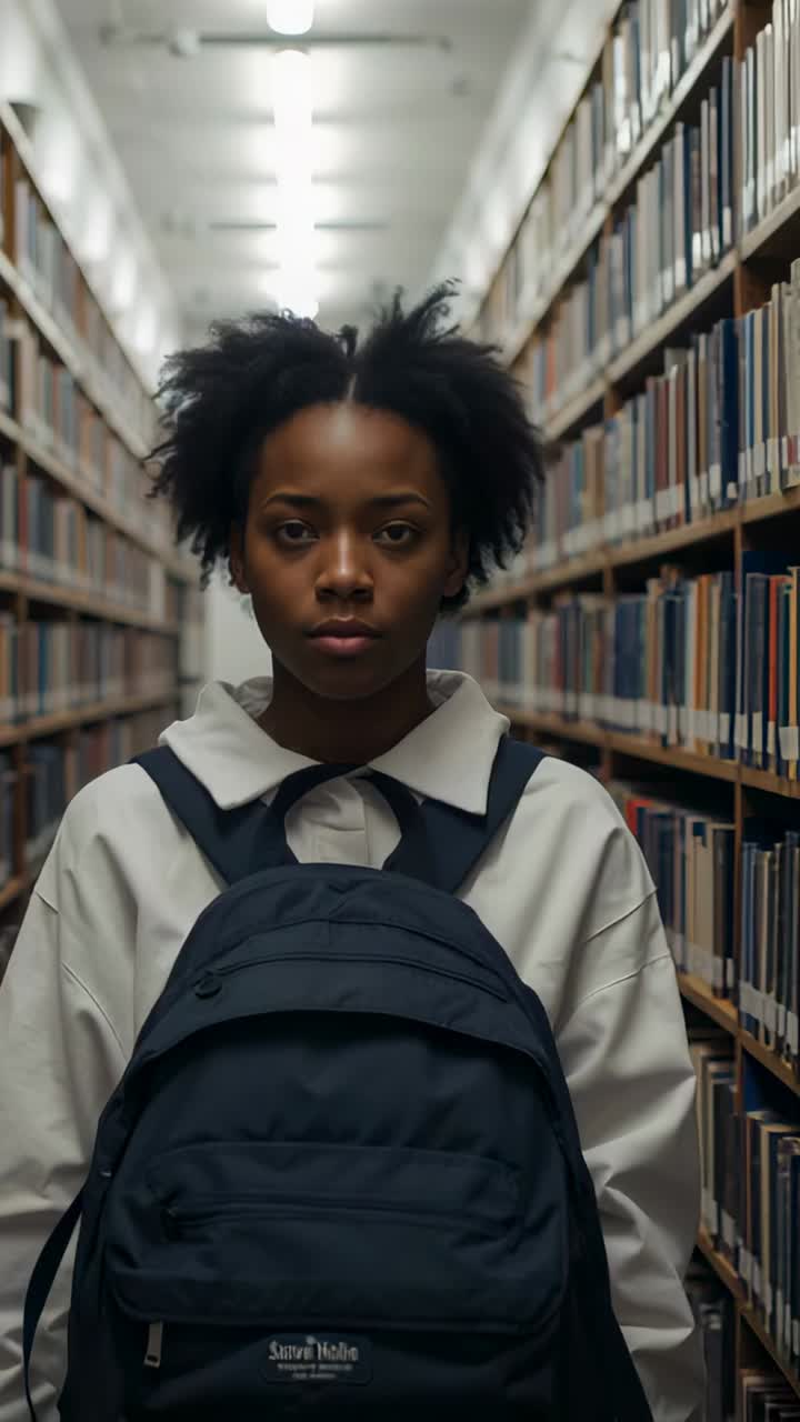 Vertical video: Zooming camera, walking teen in white top approaching in library with navy backpack