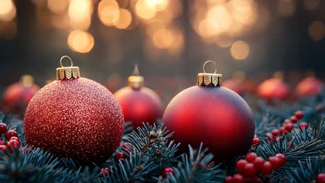 holiday ornaments sparkle among evergreen branches at sunset