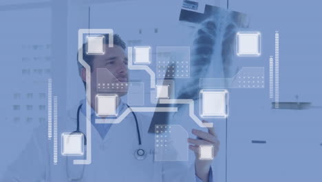 animación de la red de conexiones a través de un médico caucásico que sostiene rayos x