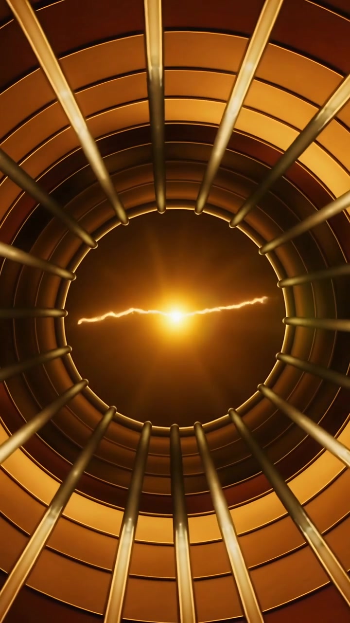 Vertical video: Pulsing central orb sending jagged arcs inside metal shaft, lighting rings and ribs