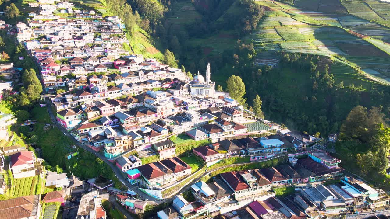 Vista aerea di una bellissima città situata su un pendio con una Moschea durante una giornata di sole - Campi coltivati con verdure.