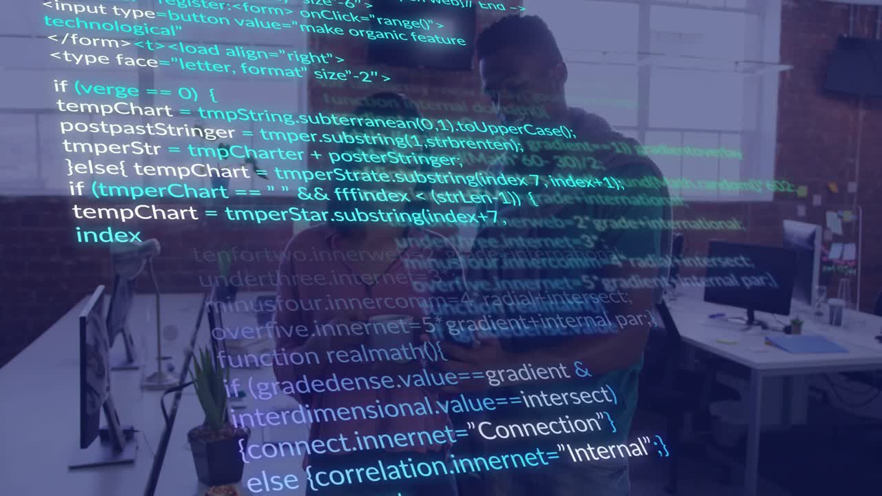 Team sharing phone and tablet in tech office causing live code overlay filling frame during review