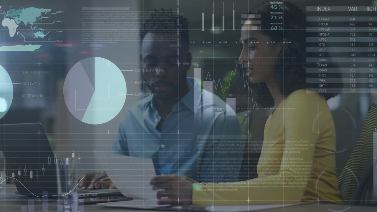 Two peers analyzing report typing on PC, woman holding paper initiating business charts over report