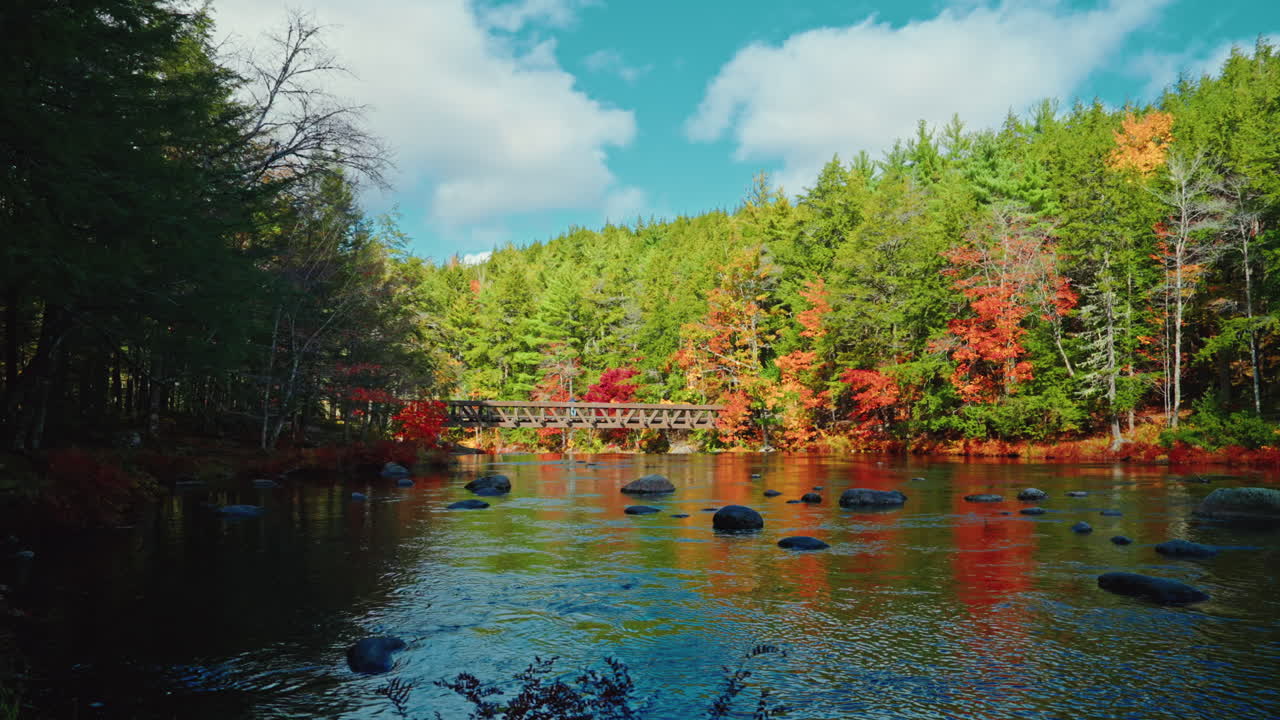 Picturesque view of the Kejimkujik National Park in autumn. View of the river and colorful tree foliage. Scenic landscape. Serene wilderness sanctuary. Dense forest and pristine lakes.