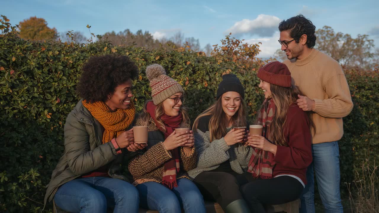 Leaning man placing hand on shoulder, group in knit hats laughing on park bench holding cups