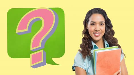 animación de una burbuja de habla con un signo de interrogación sobre una estudiante biracial