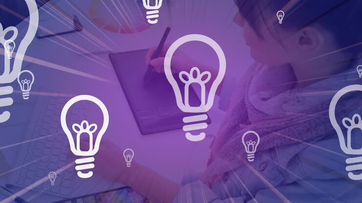 Animation of lightbulbs icons over businesswoman using tablet