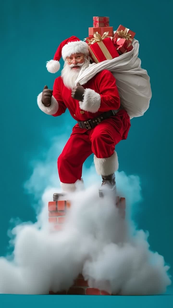 A santa claus statue sitting on top of a chimney with presents on his back