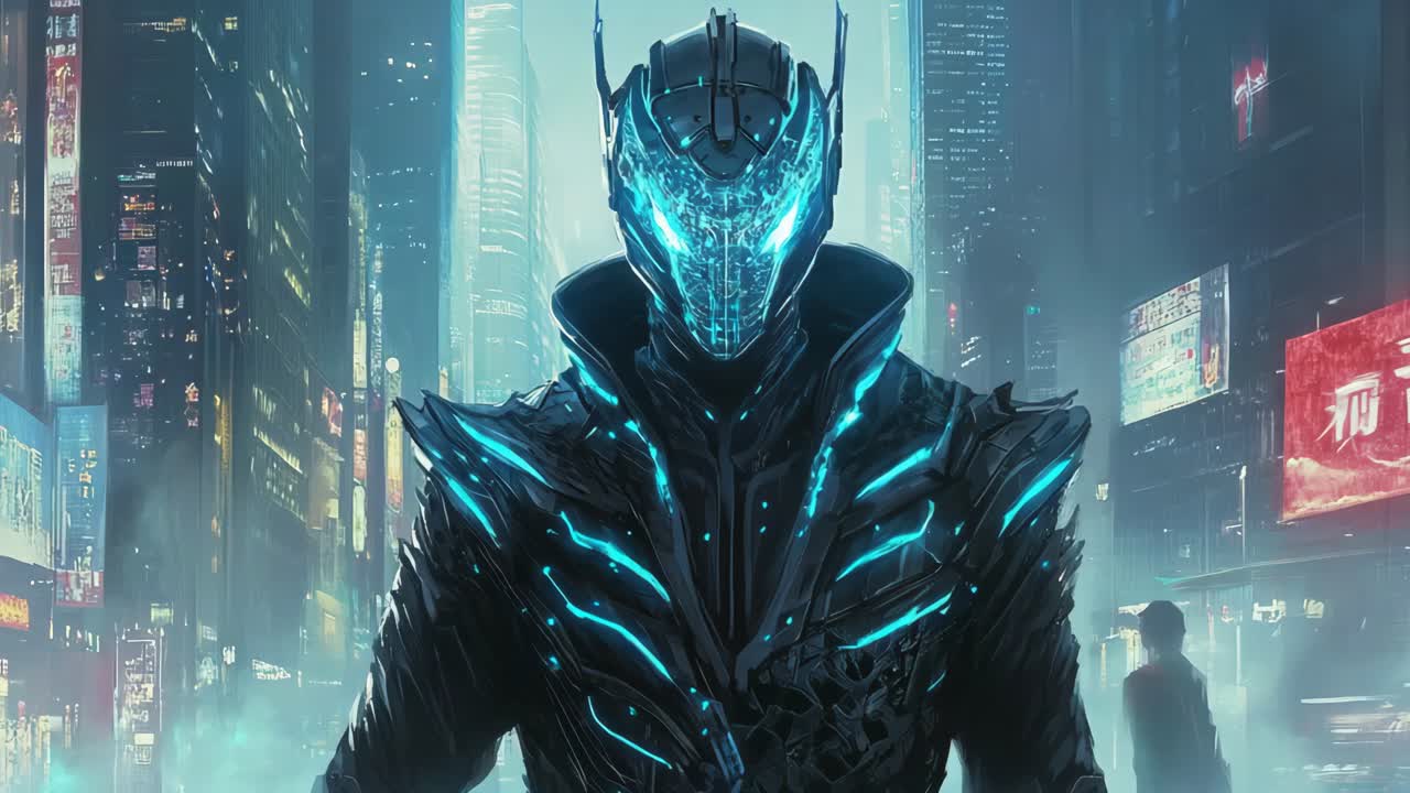 Cattivo cyberpunk in una città futuristica