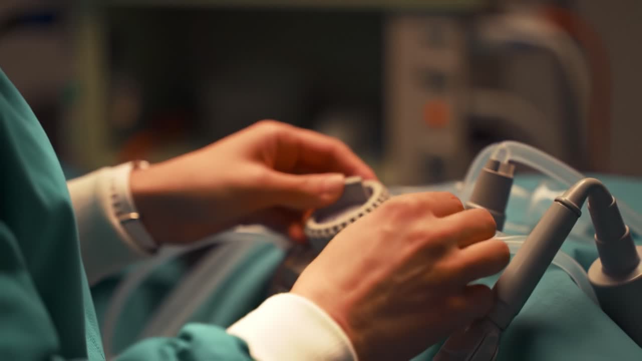 A skilled individual in scrubs meticulously sets up surgical tools in a hospital operating room, ensuring everything is in place for a successful procedure. The atmosphere is tense yet focused.