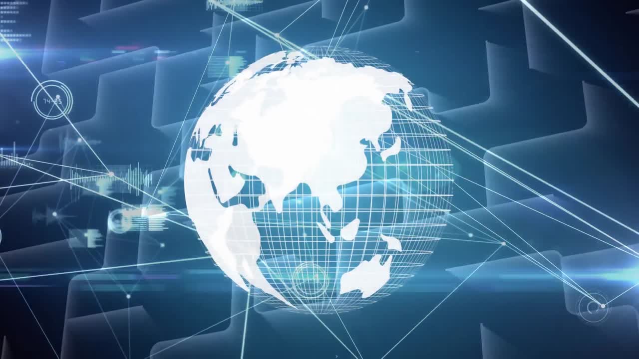 Animation of globe spinning with net of connections with graphs data and information floating