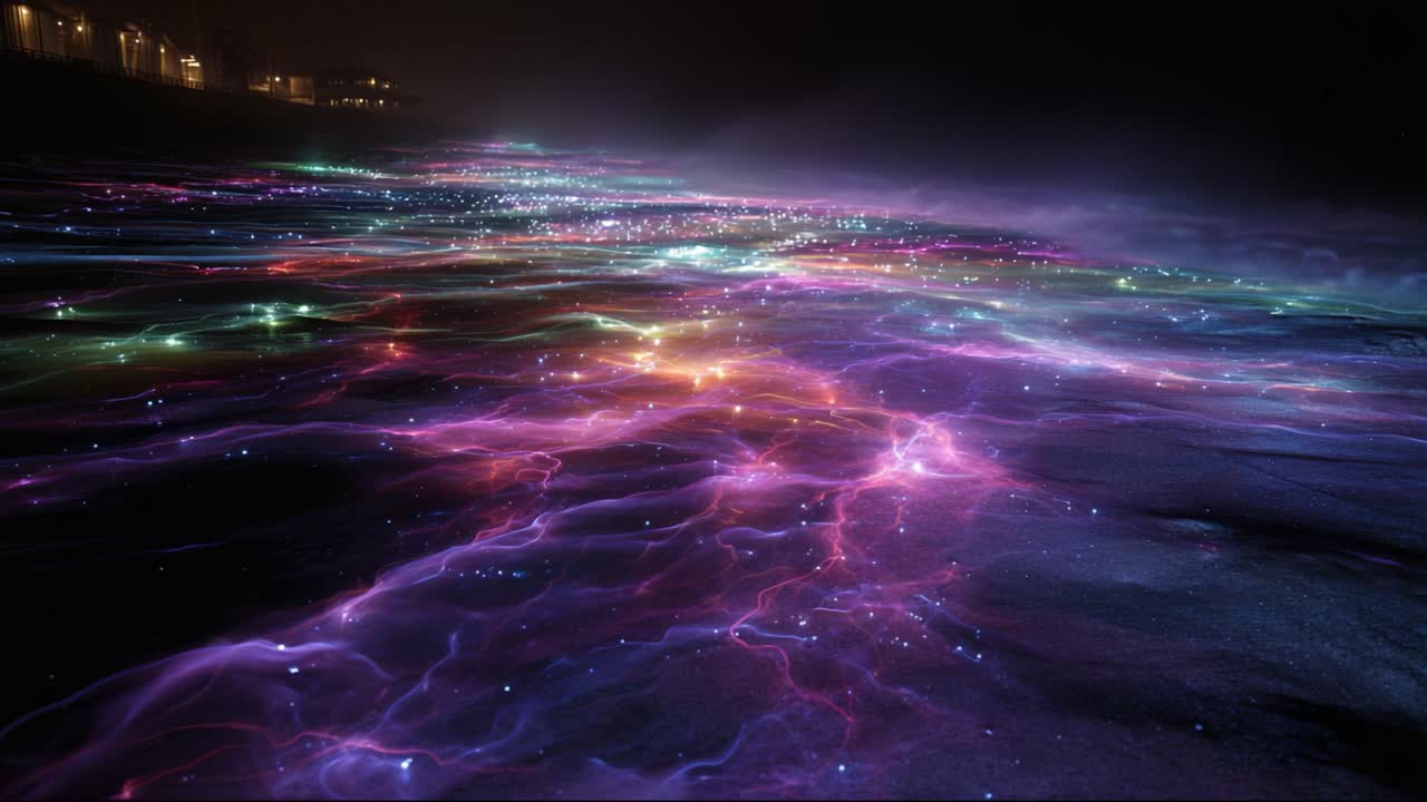Ethereal and vibrant bioluminescent plankton creating a glowing, otherworldly spectacle on a dark beach at night, with surreal patterns of light shimmering on the sand under a foggy sky