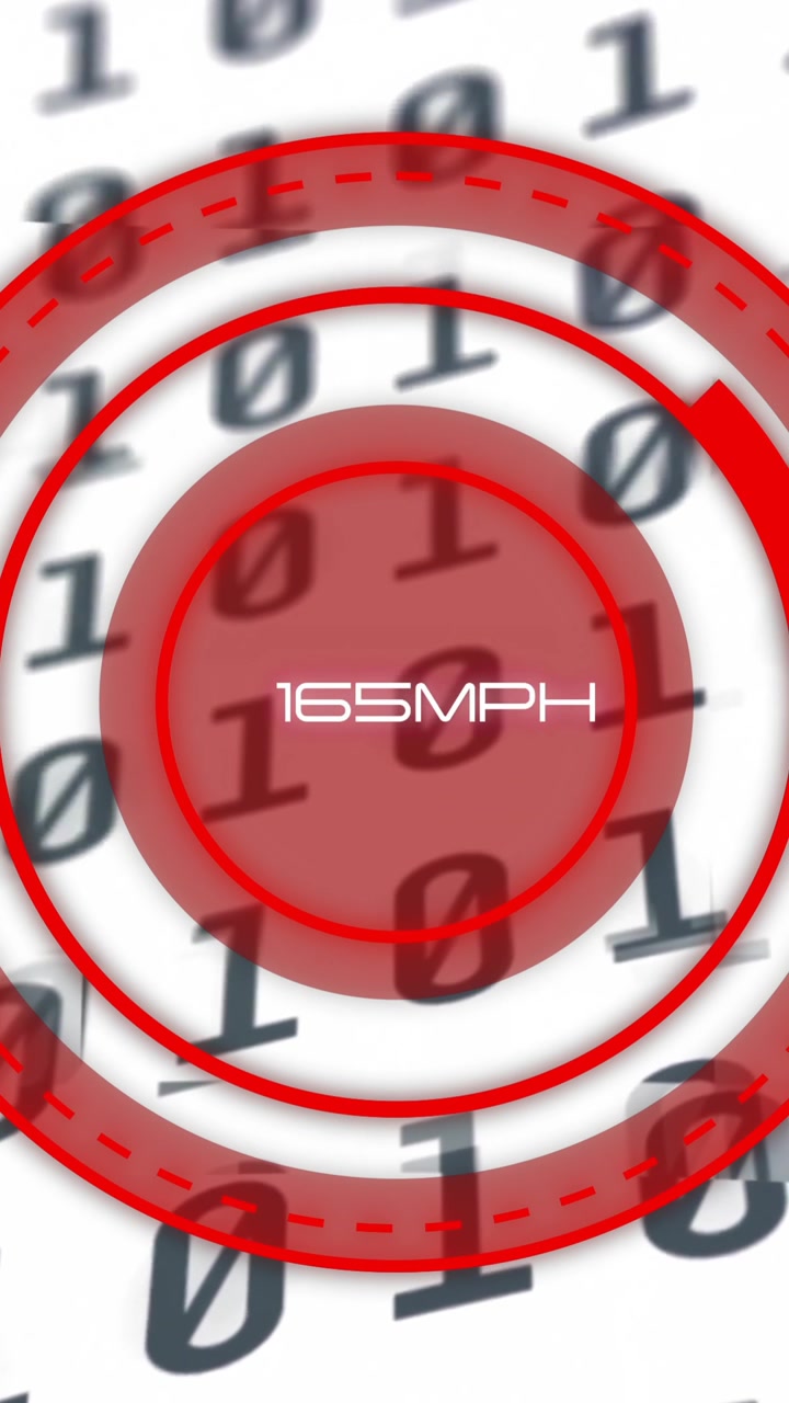 Speedometer reading 165MPH over binary code background in animation