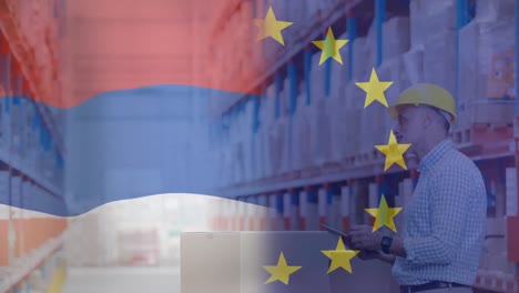 animation of flag of netherlands and eu over caucasian male worker in warehouse