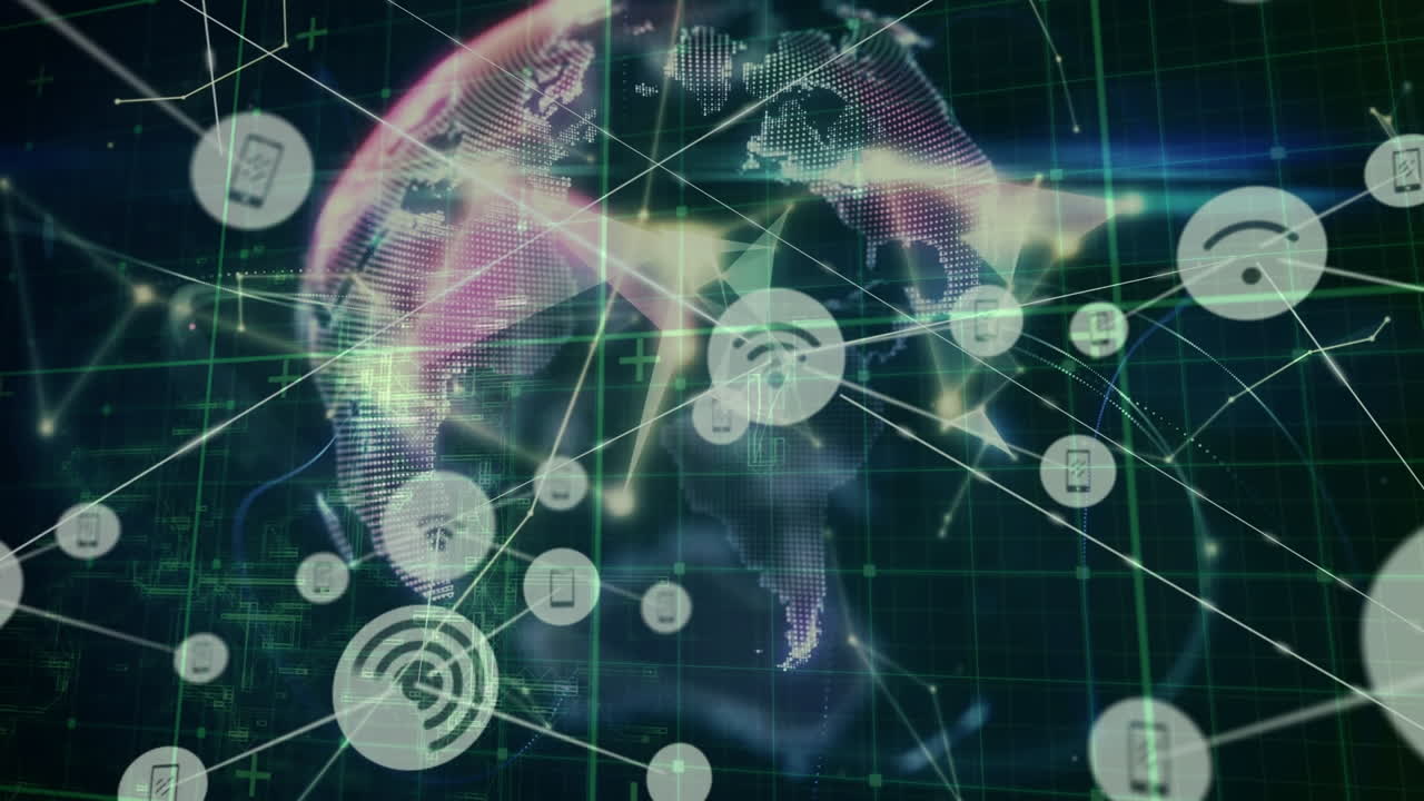 검은색 배경 위에 데이터 처리 및 연결 네트워크와 함께 지구의 애니메이션