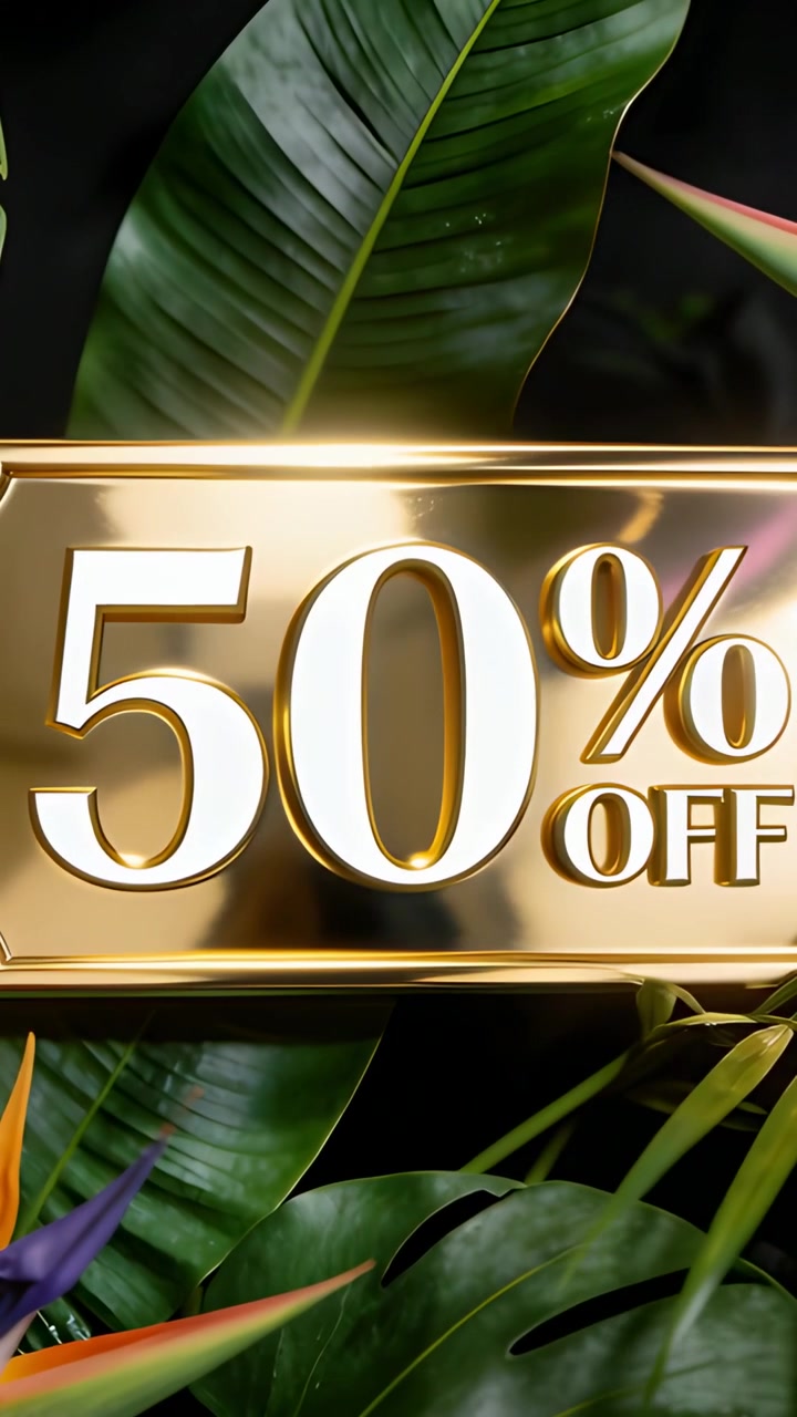 Video verticale: Targa dorata lucida con "50% DI SCONTO" in studio, la telecamera si sposta, riflessi che accarezzano le foglie.