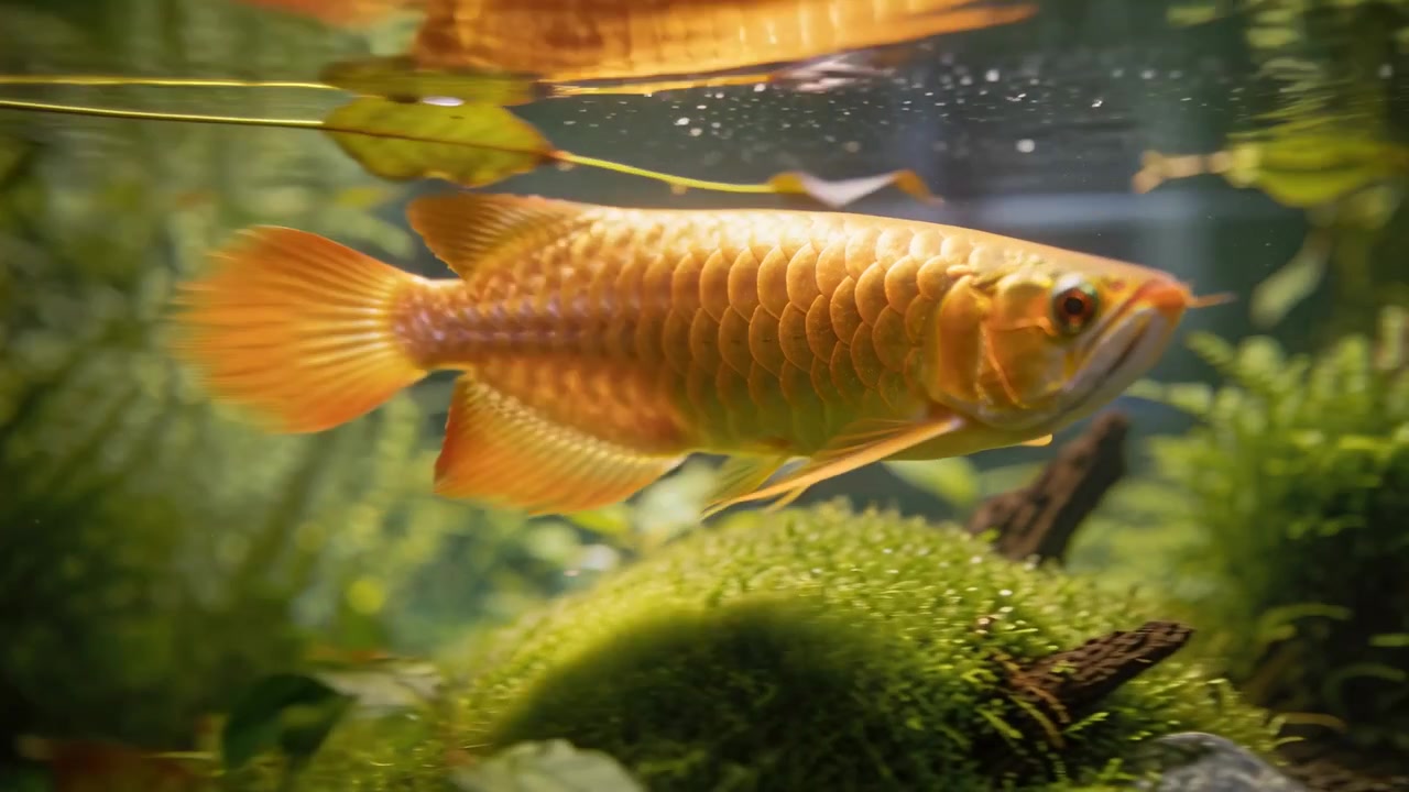 Un arowana dorato nuota, passando accanto a un cumulo di muschio e a un tronco d'albero, verso il vetro frontale, esplorando l'acquario.