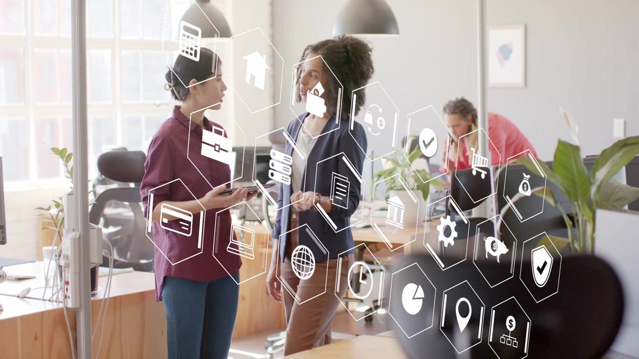 Presenter tapping device, hex UI appearing on glass, colleague scanning and discussing business