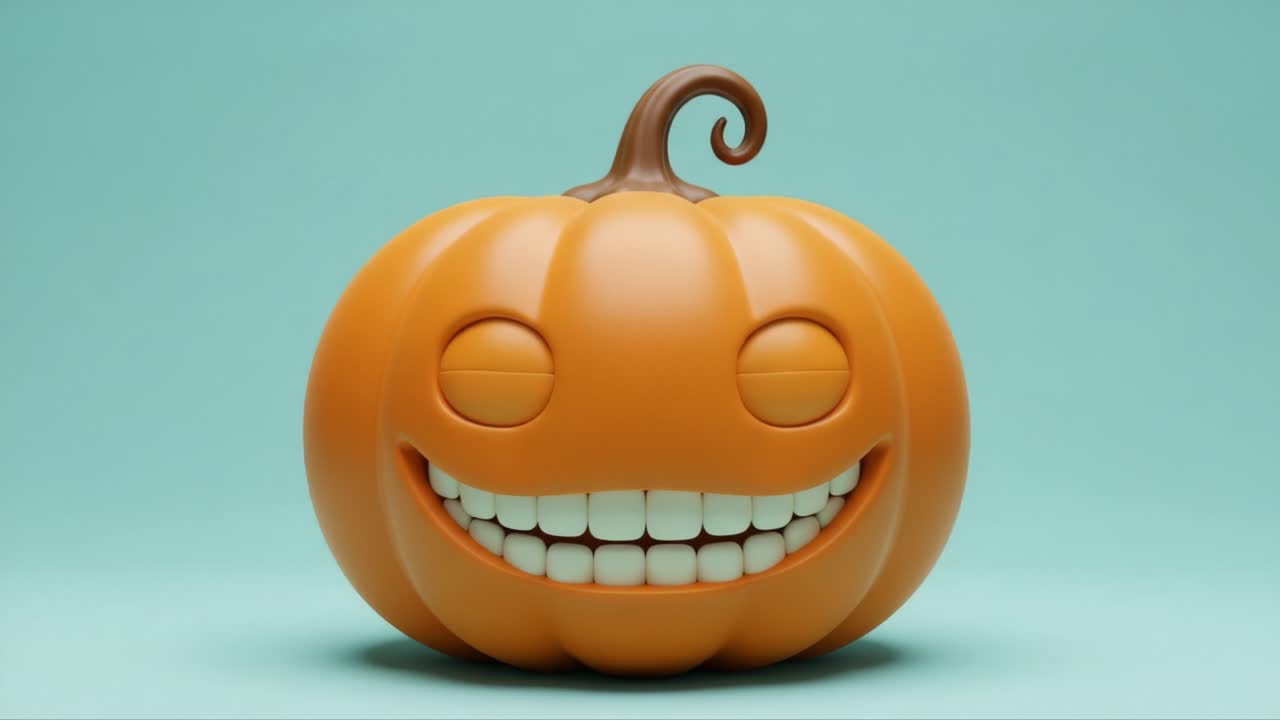 A Cheerful Pumpkin Smiling with Joy, Showcasing its Bright Orange Color and Playful Expression Against a Soft Teal Background
