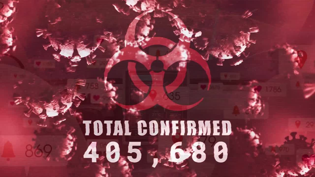 코로나 19 세포의 애니메이션과 생물 위험 상징으로 데이터 처리가