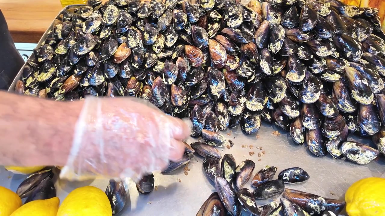 Mano guantata che sistema cozze fresche e limoni su un bancone