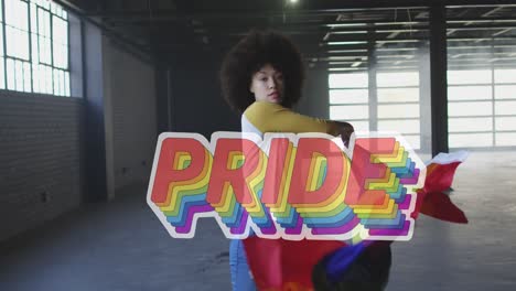 animation of rainbow pride over african american woman with rainbow flag