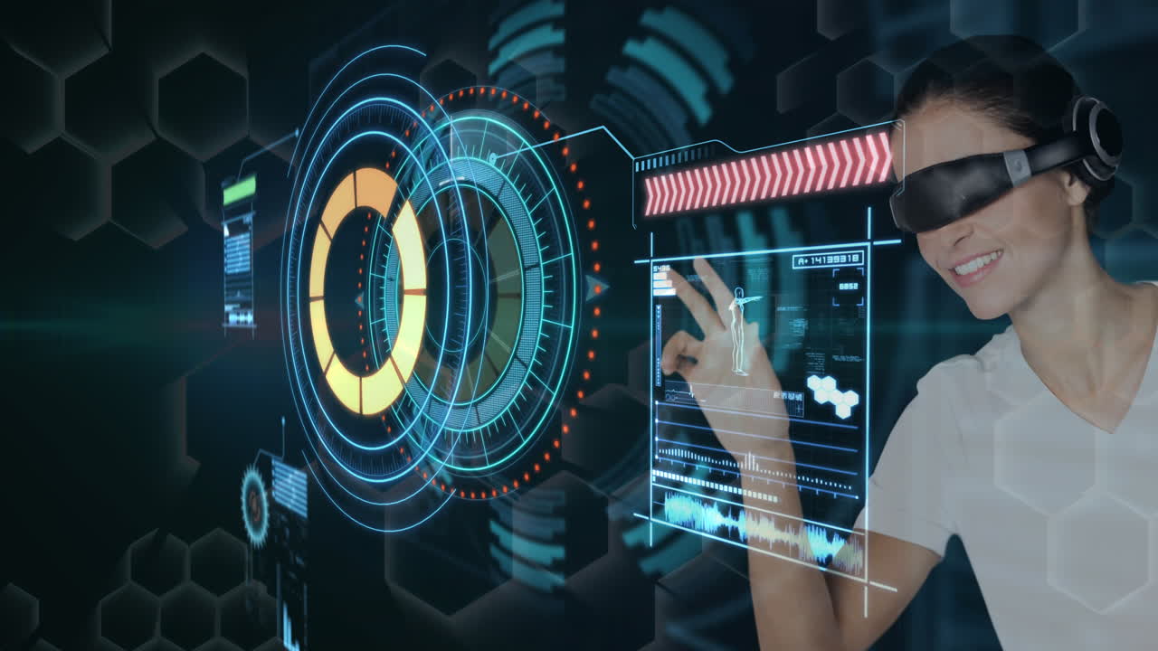 가상 현실 헤드을 사용하여 미래의 디지털 인터페이스 애니메이션과 상호 작용하는 여성