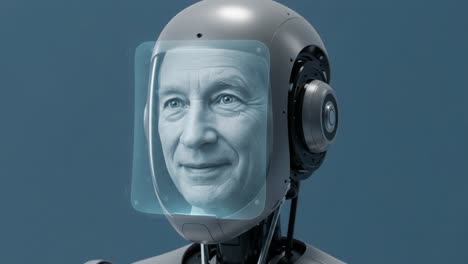 a futuristic robot with a human-like face displaying advanced ai technology in a cool, minimalist setting, capturing the intersection of humanity and innovation
