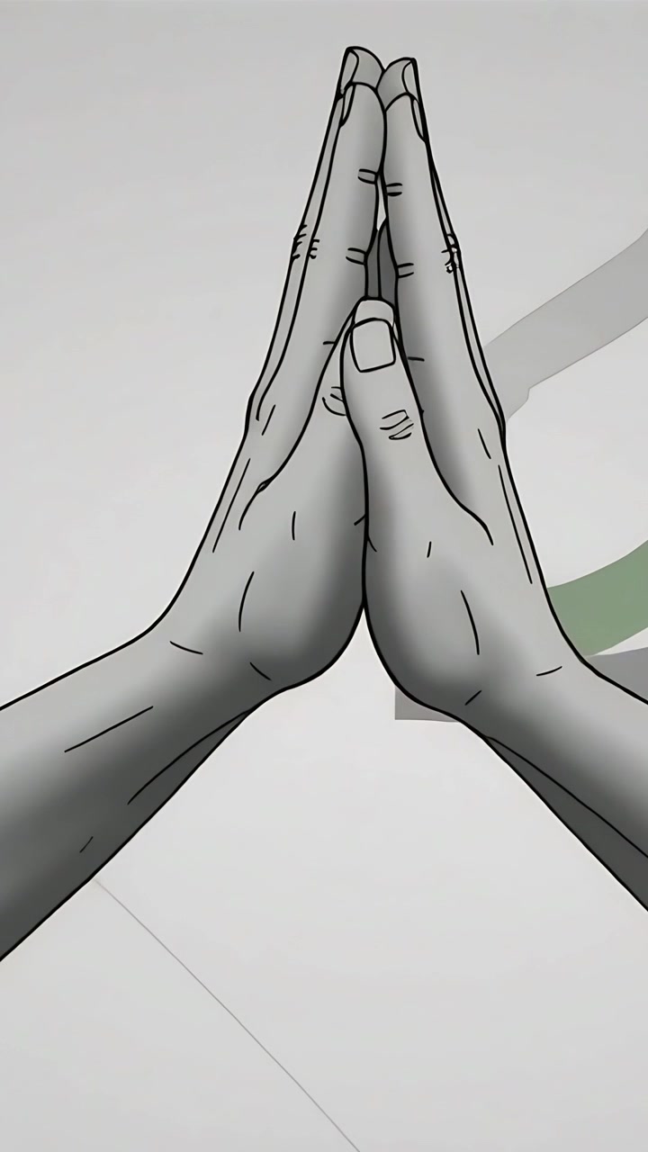 Video verticale: Mani disegnate che entrano, si alzano, premono e si separano su una parete con fasce verdi e grigie, in un saluto.