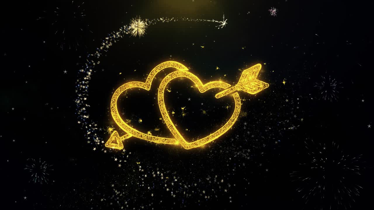 Golden Hearts with Arrow and Fireworks