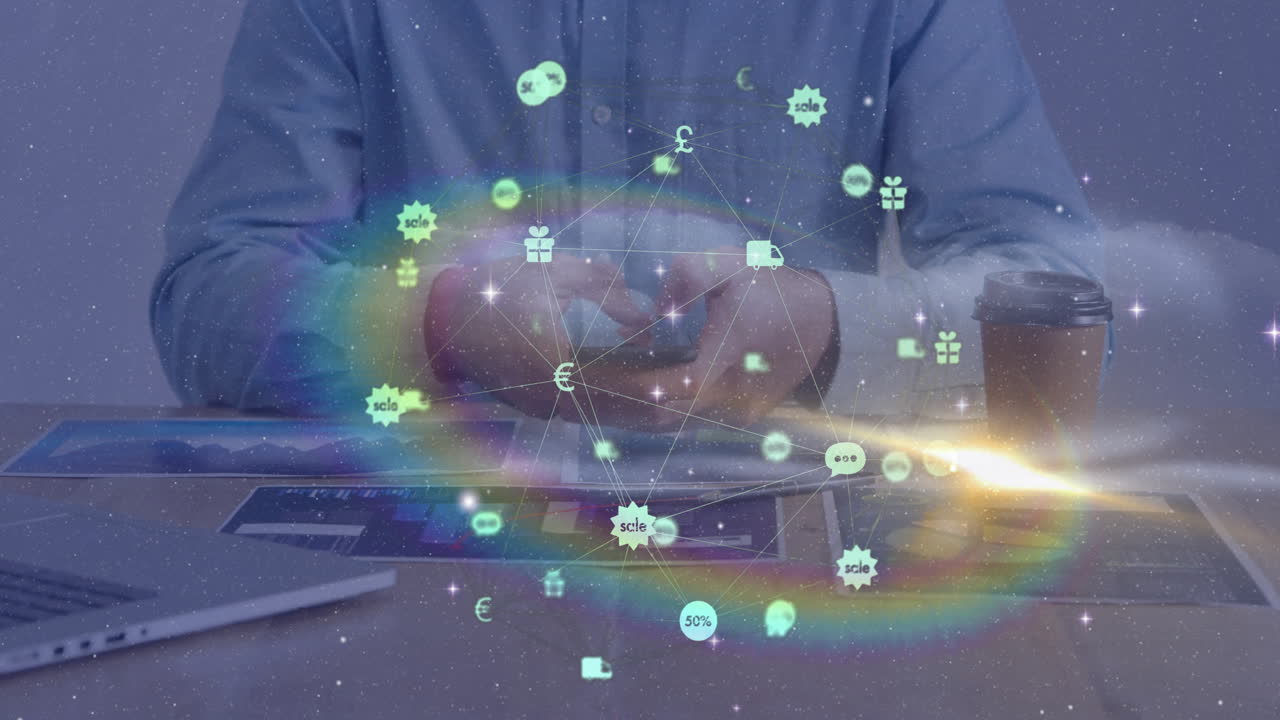Person using smartphone with digital currency symbols and network animation overlay