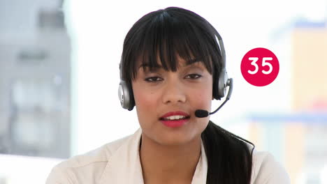 animation of numbers changing over businesswoman using phone headset