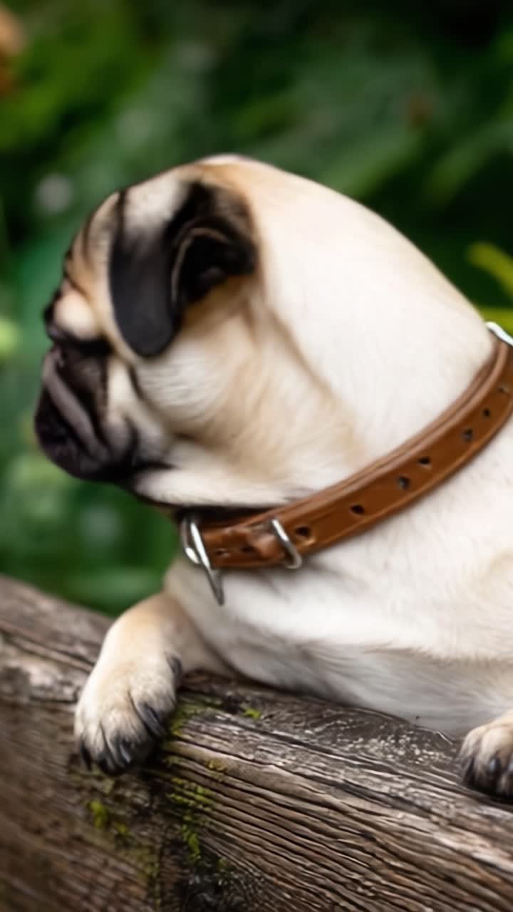 Adorabile carlino che si rilassa su una recinzione di legno in un ambiente verde lussureggiante con sfondo sfocato