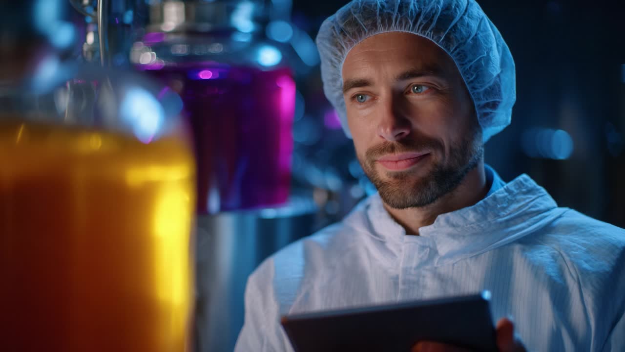 A focused scientist examines the results of his research in a modern laboratory environment, surrounded by colorful liquids in glass containers, showcasing innovation in the field of science and chemistry