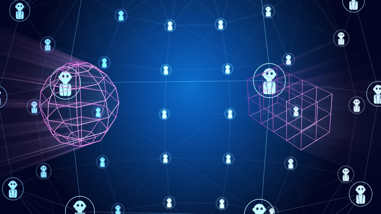 animación de formas 3d que se mueven sobre los íconos de los chatbots y el procesamiento de datos