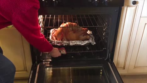 person opening the oven and basting the turkey for the holiday feast about to happen