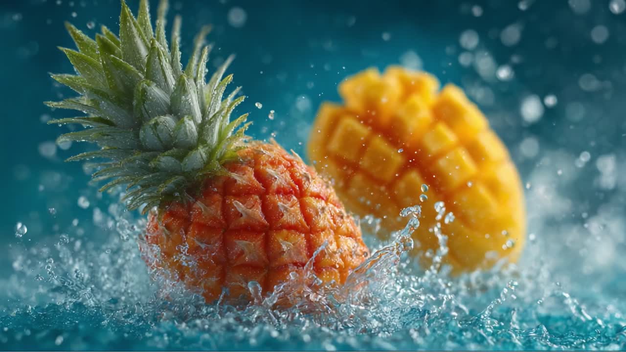 Vibrant Pineapples Splashing in Water: A Dazzling Display of Freshness and Colorful Juiciness Captured in Stunning Detail