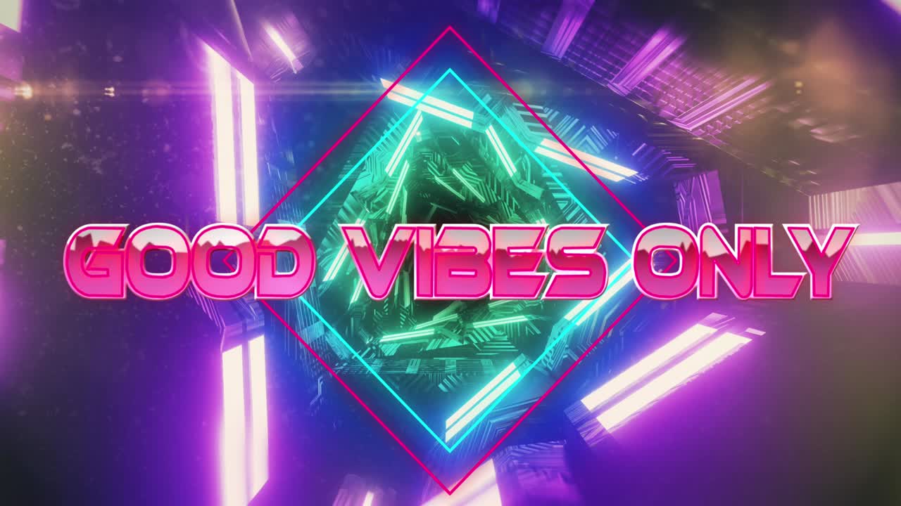Animation von Text „Good Vibes Only“ über einem sich bewegenden digitalen Tunnel