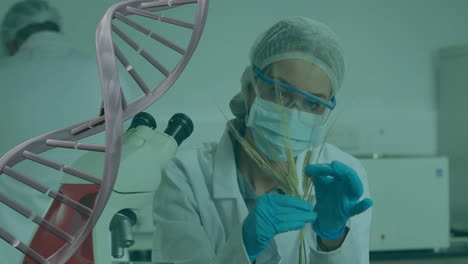 animación de una cadena de adn sobre una científica caucásica en el laboratorio