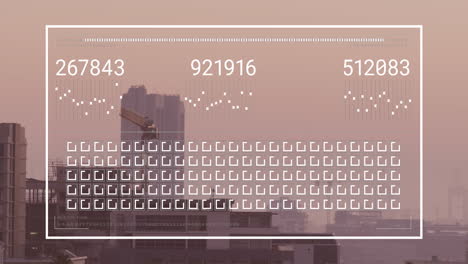animación de la interfaz con el procesamiento de datos frente a una vista aérea del paisaje urbano