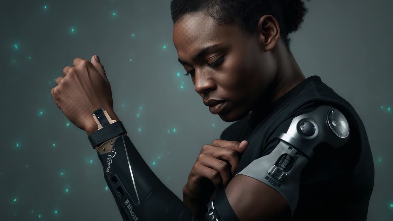 Holding prosthetic arm, Black woman in black top adjusting wrist sensor for calibration in studio
