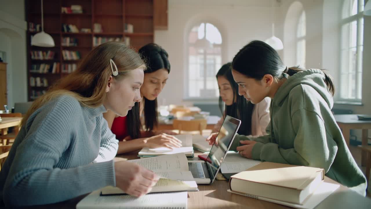 Quattro studenti con abiti casual aprono libri di testo, sfogliano pagine e usano il laptop studiando in biblioteca.
