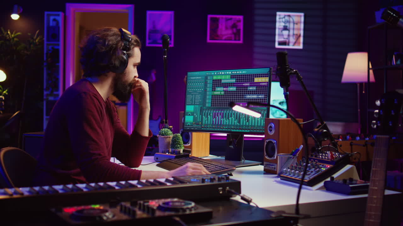 ingeniero de audio trabajando en un estudio de música en casa con el software daw