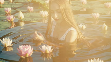 woman surrounded by water lilies in a pond