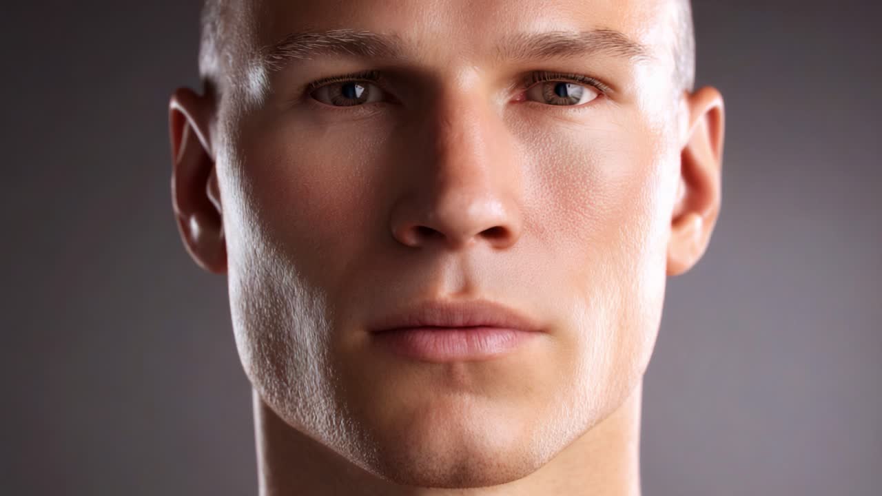 Close-up de um homem com expressão intensa e traços de pele suaves, capturando a profundidade da emoção e do caráter em condições de iluminação suave