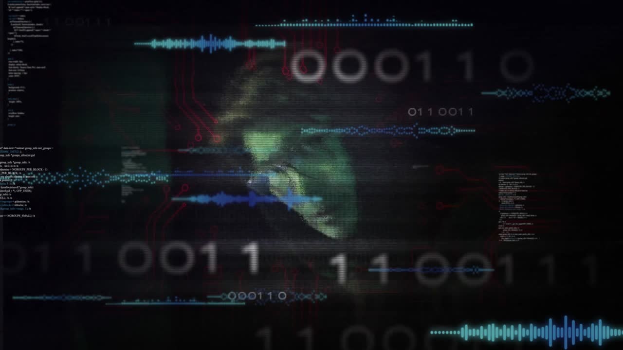 Glitch lines flickering, man profile emerging amid waveforms, binary code and node links merging