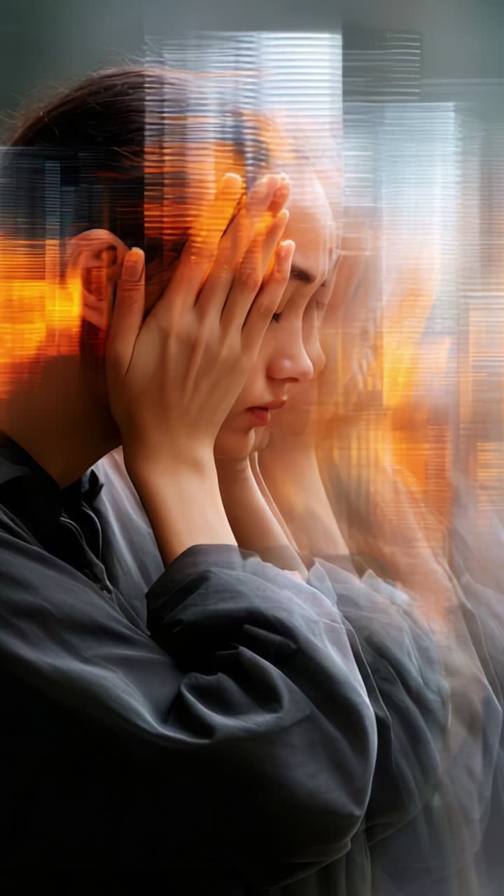 A Woman in Reflection: Exploring Emotion and Transformation Through a Dual Perspective of Sorrow and Strength Amidst Abstract Backgrounds