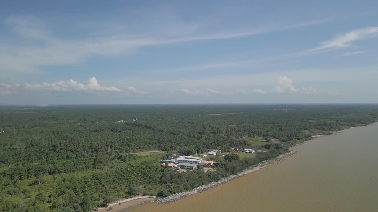 Aerial Drone View During Summer Alit Fishing Village,Kabong With, Facing Open Blue Sea, White Sandy Beach,Green Coconut, Palm Trees,And River,Sarawak,Borneo